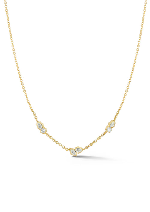 The Posey Station Necklace is a delicate and dainty piece that can be easily paired with any neck-stack. Handcrafted in 18-karat gold and featuring round, pear, and marquise-shaped diamonds.   Handcrafted in 18-Karat Gold 0.39 total carat weight 18-Inch Cable Chain with Adjustable clasp Made in New York City
