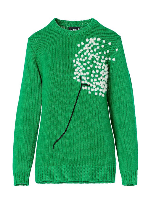 This pullover features a large embroidered image of a dandelion. Jonathan Coehn took the motif from the Queen Anne’s Lace floral print and made it larger, and it looked as if it were blowing in the wind. This reminded me of a dandelion, and so he re-worked it to create this beautiful embroidered design.