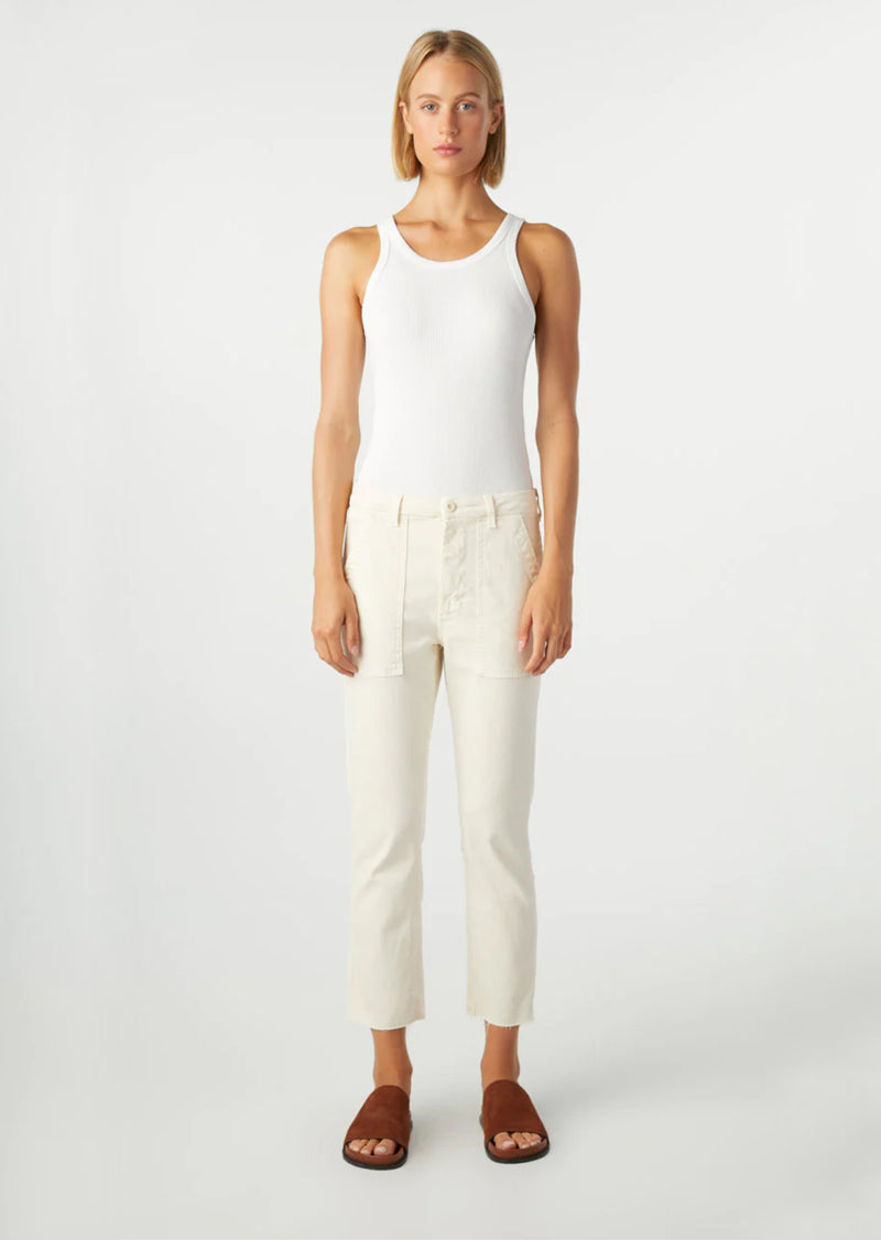 A classic bone white army pant—but cooler and with just the right amount of stretch. Slightly relaxed, cropped straight leg with trouser styling and utilitarian back and front patch style pockets. Just like its name, it's meant to feel easy to wear and effortless to style. Zip fly.