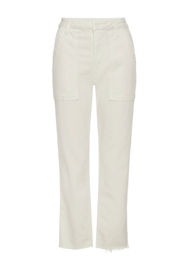 A classic bone white army pant—but cooler and with just the right amount of stretch. Slightly relaxed, cropped straight leg with trouser styling and utilitarian back and front patch style pockets. Just like its name, it's meant to feel easy to wear and effortless to style. Zip fly.