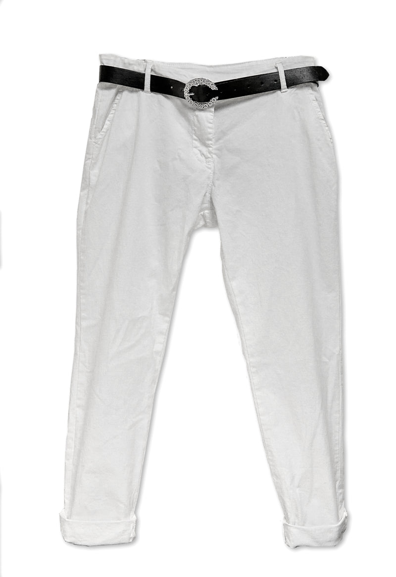 Introducing our Classic Cotton Pants! They feature timeless sophistication for an elevated and refined look. Soft and luxurious white cotton is tailored to a mid-rise cut, with cuffed hems and a black faux leather belt included to complete the ensemble with chic poise. Enjoy superior comfort and timeless style with these straight leg pants.  Material: 97% Cotton 3% Elastic  Made in Italy
