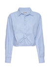 Introducing the AMO Anna Mae Shirt in Sky Blue: a refined twist on a classic button-up. Featuring feminine tailoring and a gathered waist, this cropped top exudes sophistication and pairs perfectly with any outfit. 
