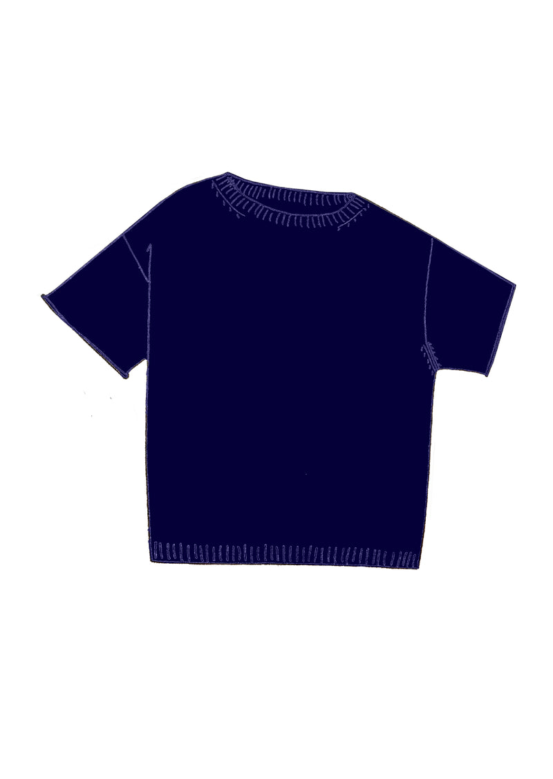 Our Essential Cashmere Tee in Dark Blue. Crafted from super soft, premium cashmere, this must-have piece features a drop shoulder, crew neck, and classic fit for effortless style and comfort. 
