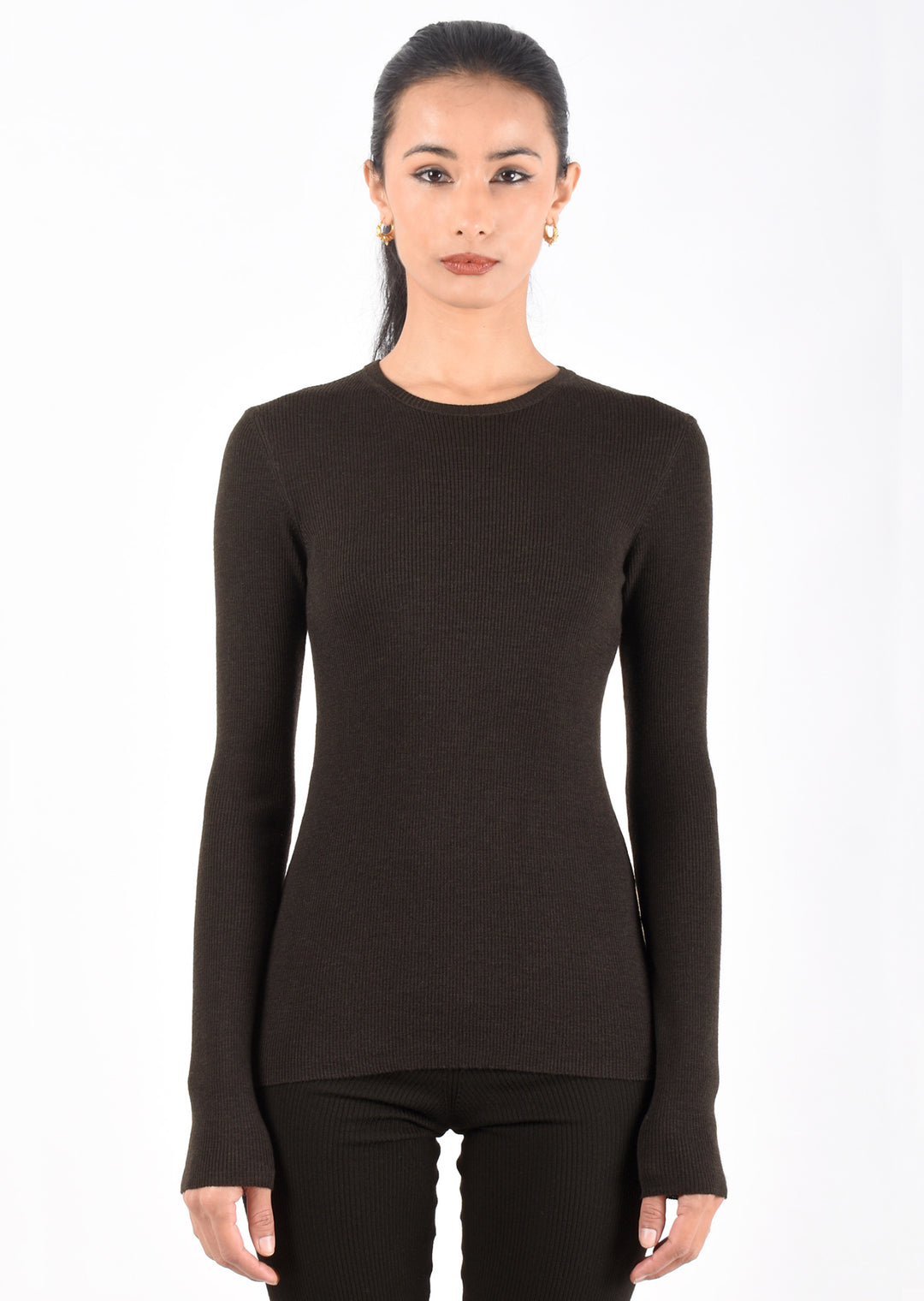 2x1 Long Sleeve Superfine Merino Wool Crew Neck in Dark Brown | Lars Andersson XL Shirts & Tops
