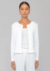Leset Pointelle Classic Crew Cardigan in White. A must-have classic cardigan in a timeless white soft cotton pointelle that is lightweight and great for traveling. Made from soft, lightweight cotton, this timeless piece is perfect for warm-weather layering. It's a must-have for any fashion-forward individual looking to add a touch of luxury to their collection.