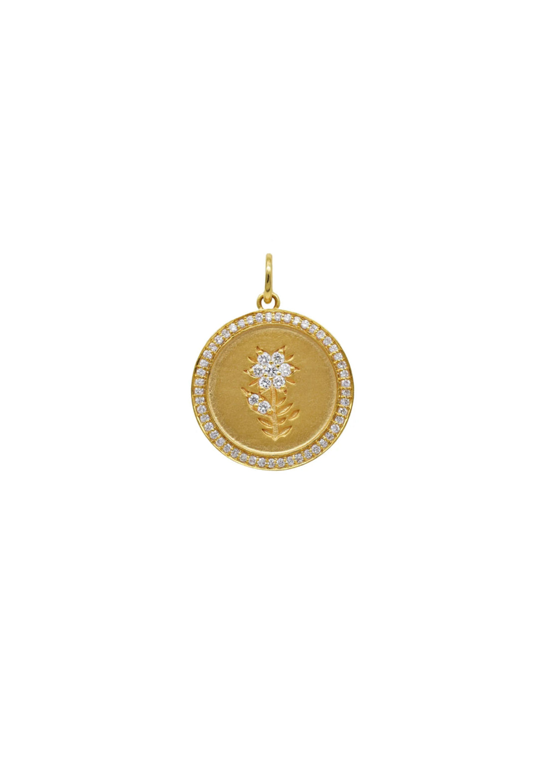 The Fleur White Diamond Charm is a blooming statement of femininity, with etched vines &amp; flower petals. Wear with a gold chain or as a solo charm to curate into your everyday layering story. Available in a matching small size, too.