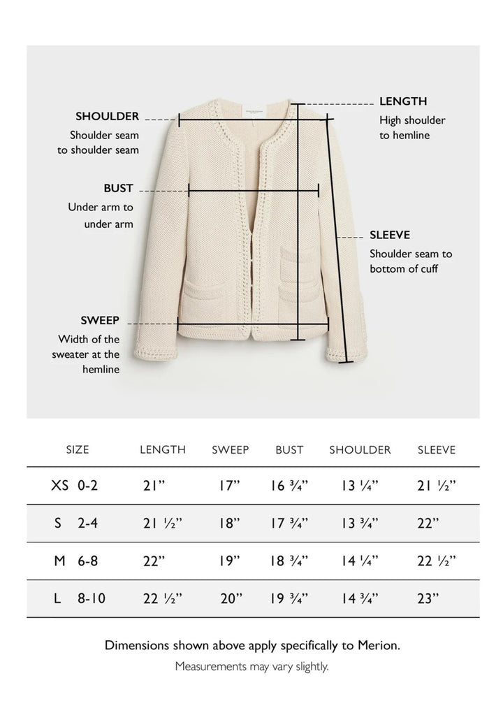 Constructed from luxurious Turkish cotton, The Merion sweater boasts a statement-making combination of seed stitch and hand-crocheted trims, inspired by vintage designs. Perfectly pairs with your favorite bottoms.