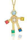Introducing the Van Robots Joy pendant. Crafted with articulated movement, this pendant features hand-set gold, diamonds, aquamarine, pink tourmaline, emerald, tanzanite, citrine stones.