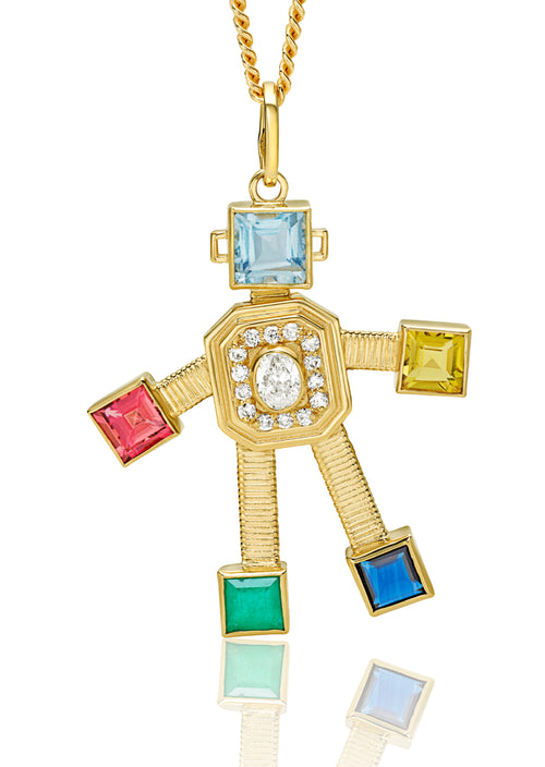 Introducing the Van Robots Joy pendant. Crafted with articulated movement, this pendant features hand-set gold, diamonds, aquamarine, pink tourmaline, emerald, tanzanite, citrine stones.