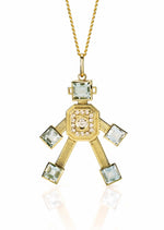 Introducing the Van Robots Denim pendant. Crafted with articulated movement, this pendant features hand-set gold, diamonds, and aquamarine stones.