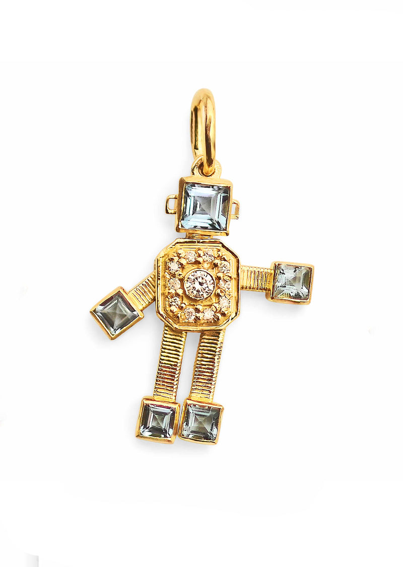 Introducing the Van Robots Denim pendant. Crafted with articulated movement, this pendant features hand-set gold, diamonds, and aquamarine stones.