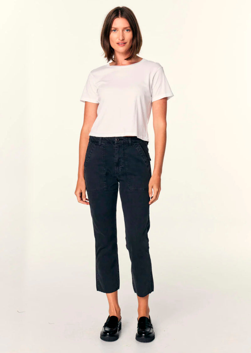 Amo Easy Army Trouser in Washed Black. The Easy Army Trouser is a slightly relaxed, crop straight pant with trouser styling and a single button with zip fly enclosure. Features back and front army patch style pockets. Just like its name, it's meant to feel easy to wear and effortless to style.  70% Cotton, 29% Tencel, 1% Elastane Machine wash cold, and either hang dry or tumble dry low heat Made with love in Los Angeles