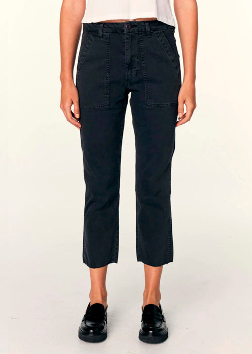 Amo Easy Army Trouser in Washed Black. The Easy Army Trouser is a slightly relaxed, crop straight pant with trouser styling and a single button with zip fly enclosure. Features back and front army patch style pockets. Just like its name, it's meant to feel easy to wear and effortless to style.  70% Cotton, 29% Tencel, 1% Elastane Machine wash cold, and either hang dry or tumble dry low heat Made with love in Los Angeles