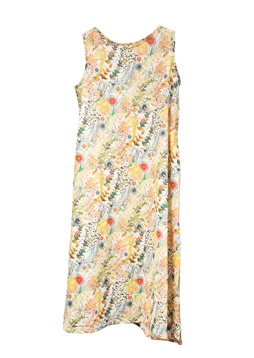 Flatiron Workshop Cotton Slip Dress in Dawn Garden.Easy 100% cotton slip dress with pockets and two side slits. Printed in a fabulous flirty floral for a great Spring look. 